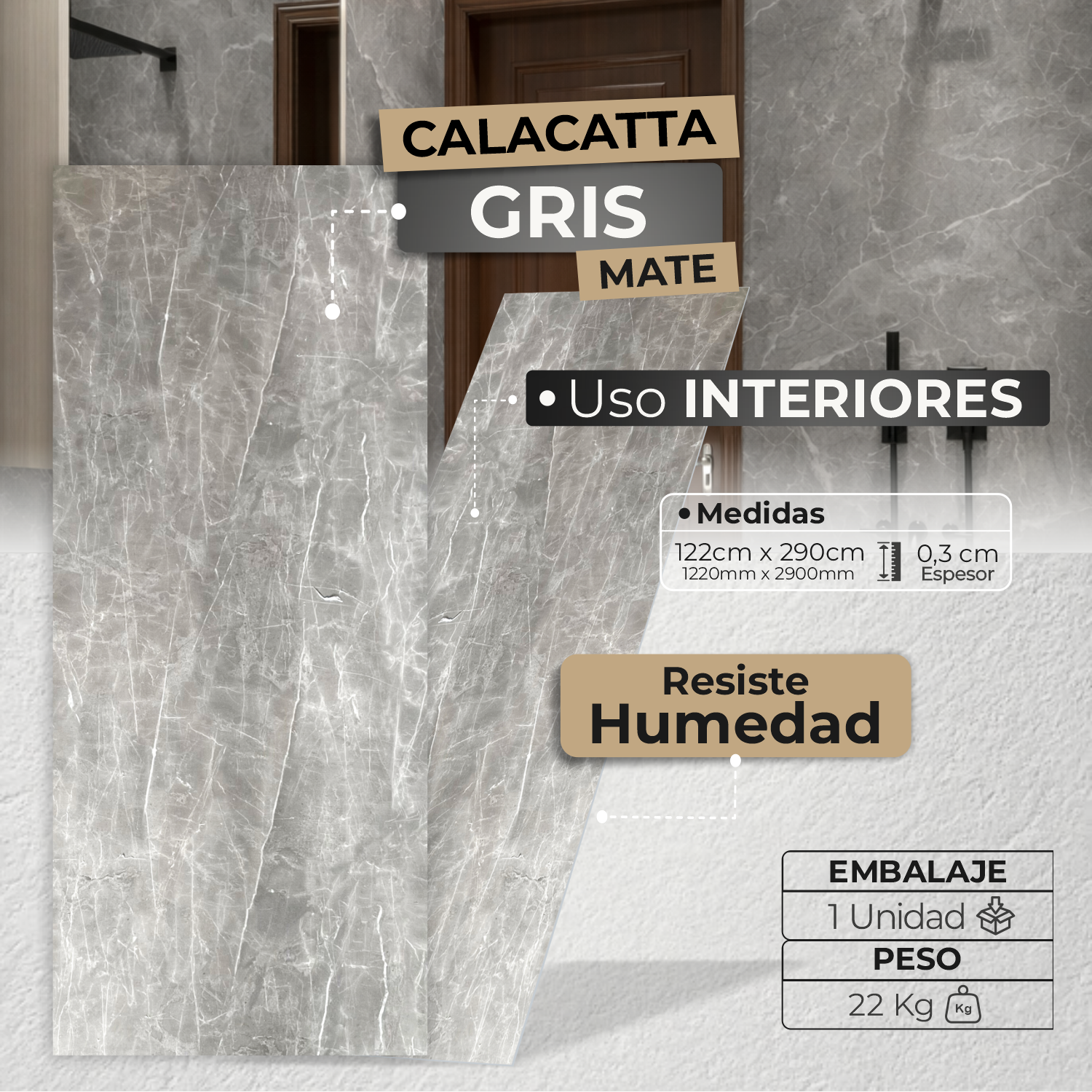 Lámina Tipo Mármol Mate PVC | Calacatta Gris - Decorativo - Almacora