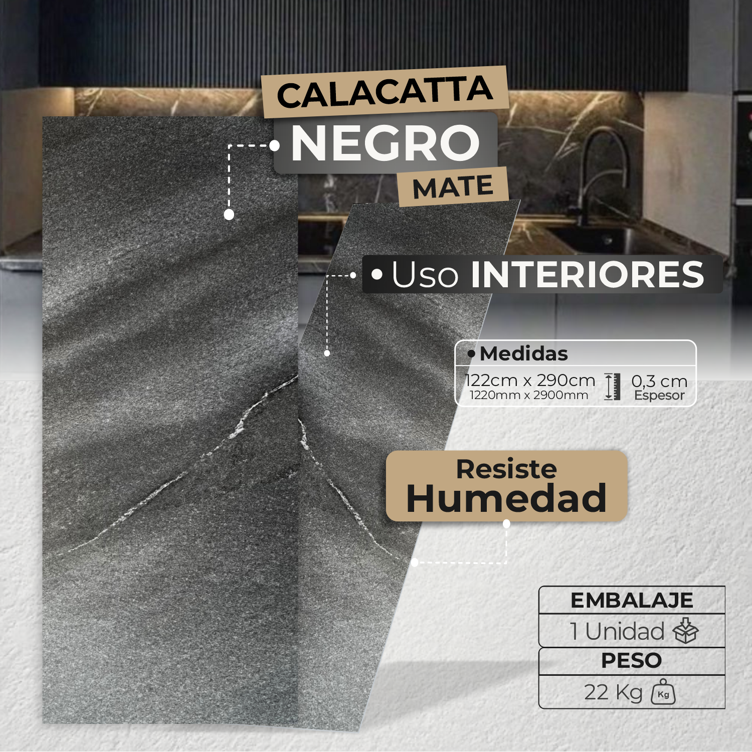 Lámina Tipo Mármol Mate PVC | Calacatta Negro - Decorativo - Almacora