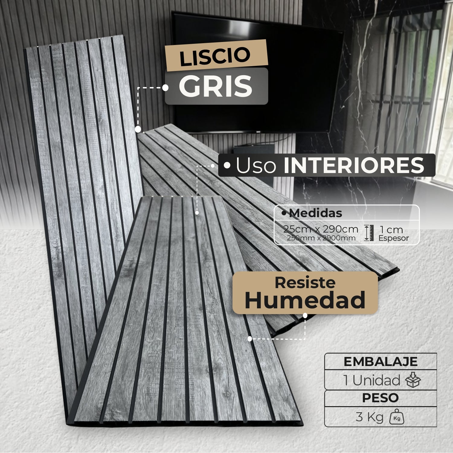 Panel WPC Liscio | Gris Decorativo Interior