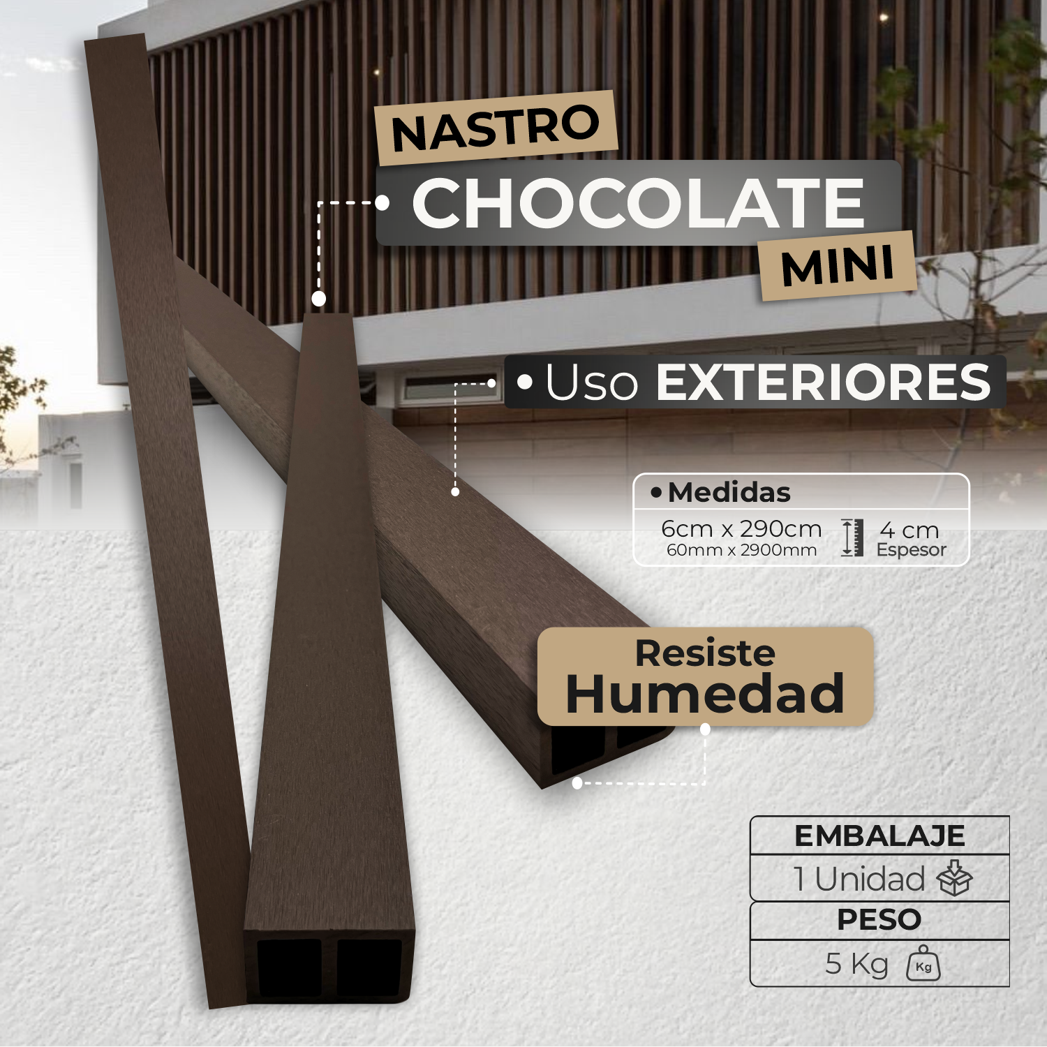 Listón Mini Nastro Exterior WPC | Listón Decorativo Chocolate | Almacora - Almacora