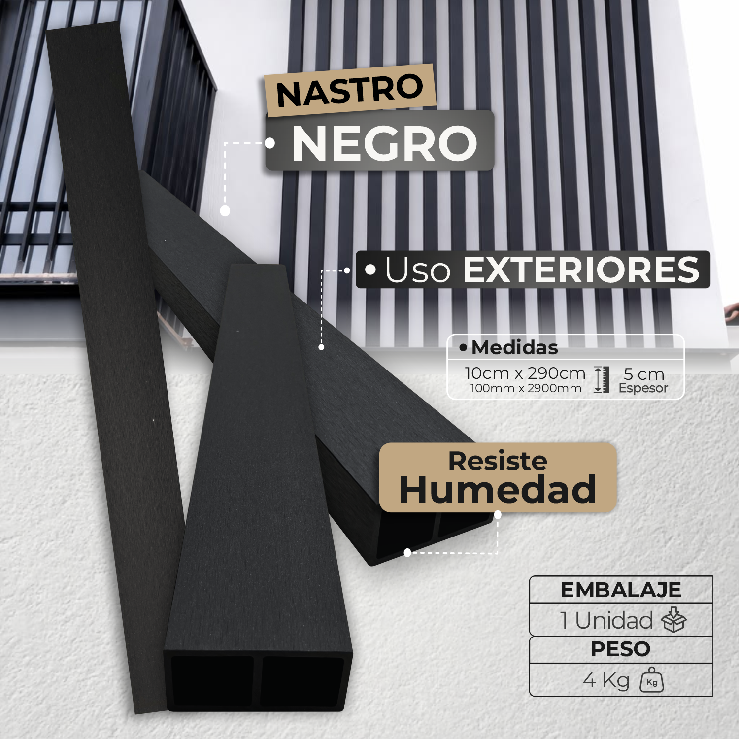 Listón Nastro Exterior WPC | Listón Decorativo Negro | Almacora - Almacora