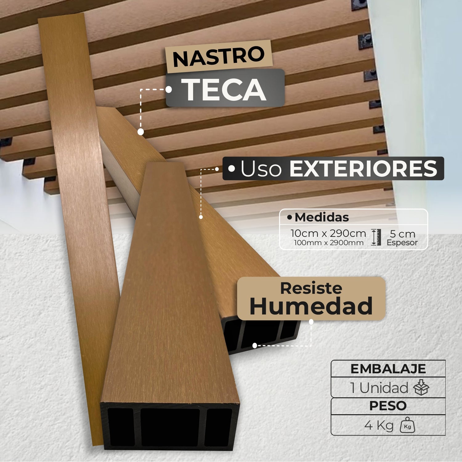 Listón Nastro Exterior WPC | Listón Decorativo Teca | Almacora - Almacora