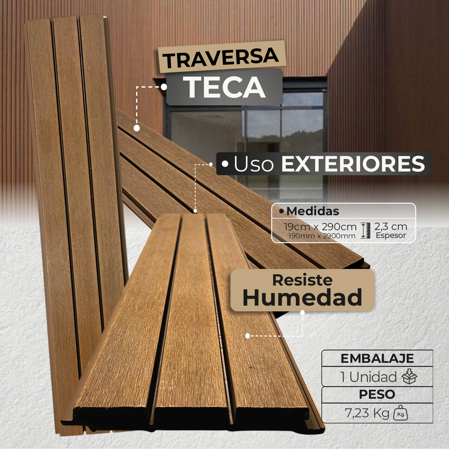Panel Traversa WPC Exterior | Revestimiento teca | Almacora - Almacora