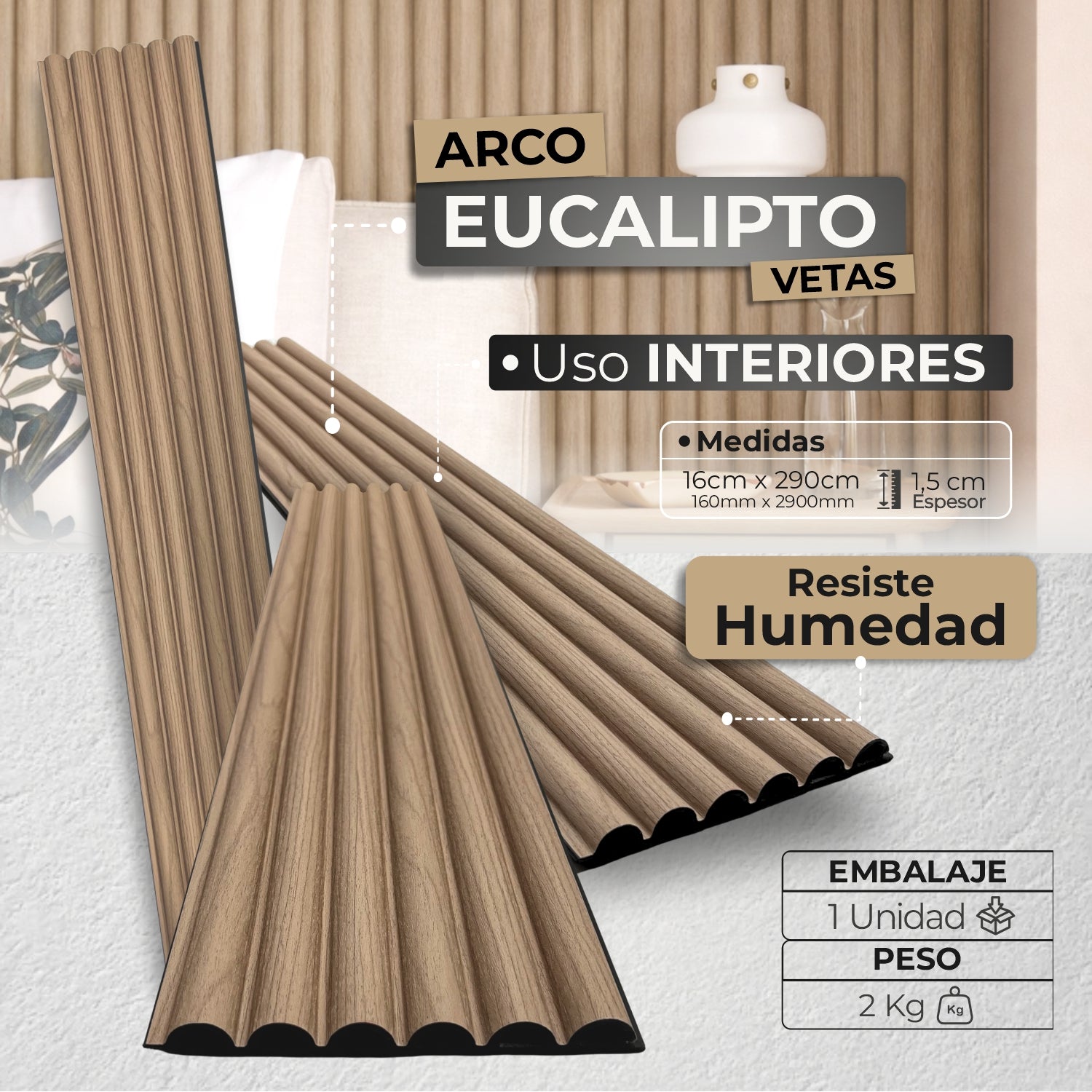 Panel WPC Arco | Eucalipto Vetas Decorativo | ALMACORA