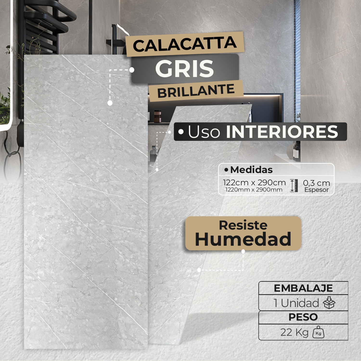 Lámina Tipo Mármol Brillante PVC | Calacatta Gris - Decorativo - Almacora