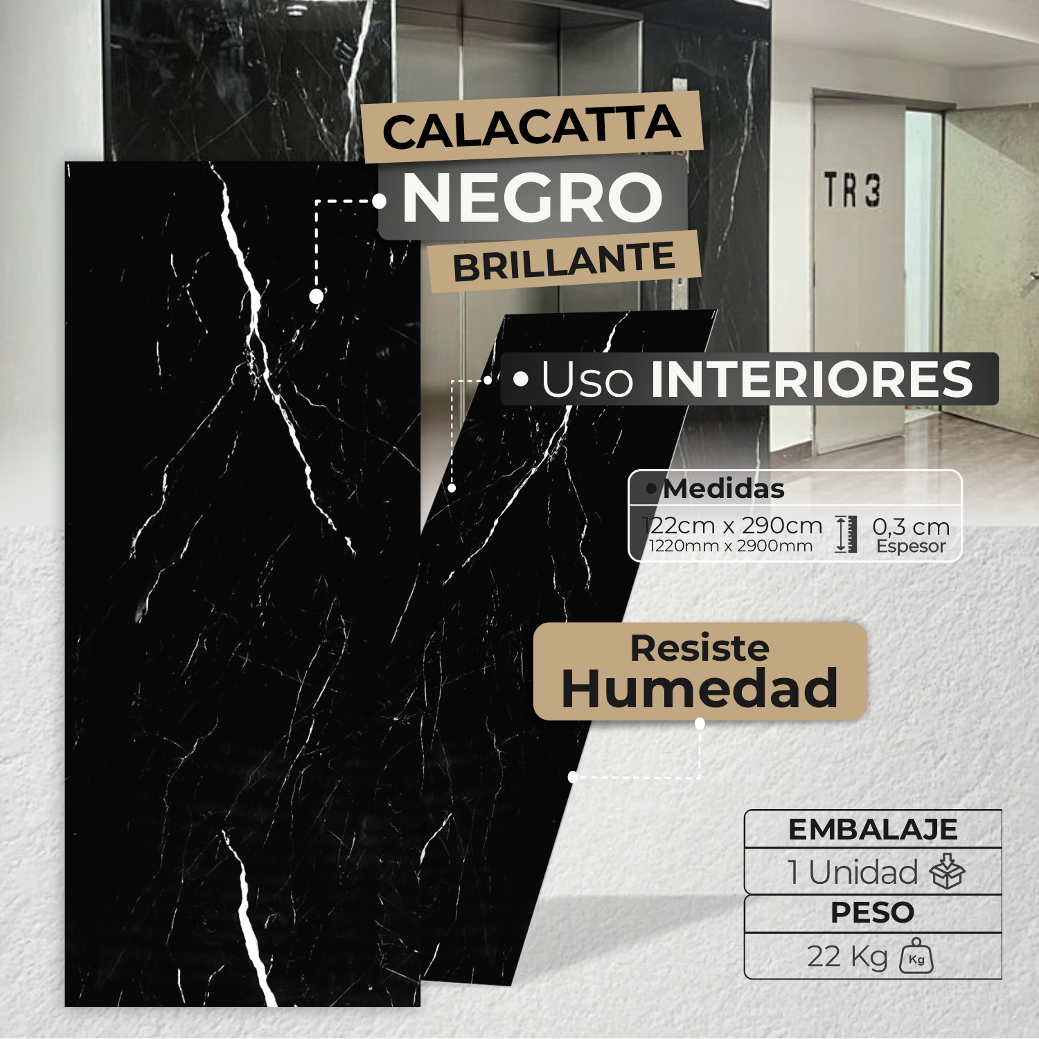 Lámina Tipo Mármol Brillante PVC | Calacatta Negro - Decorativo - Almacora