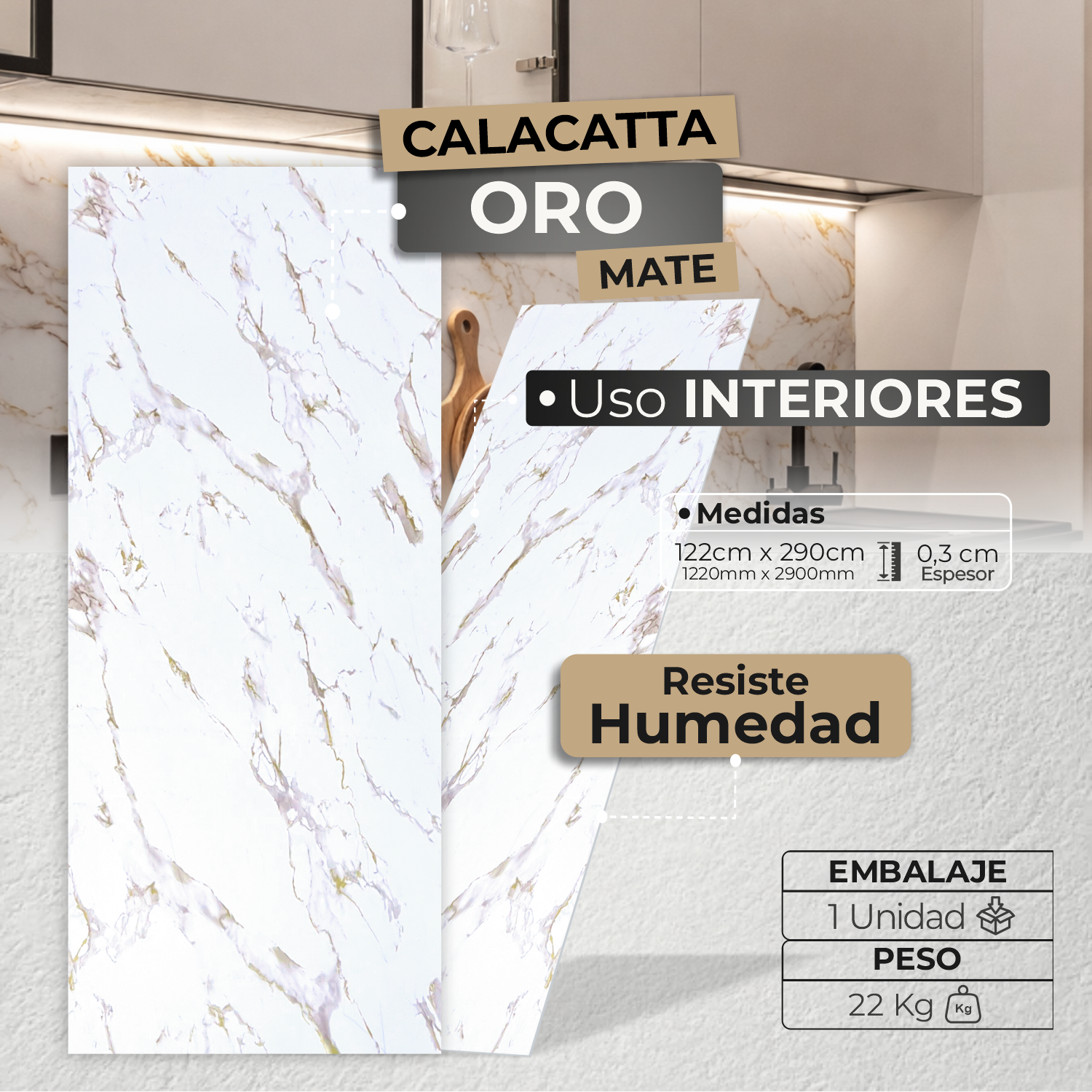 Lámina Tipo Mármol Mate PVC | Calacatta Oro - Decorativo - Almacora