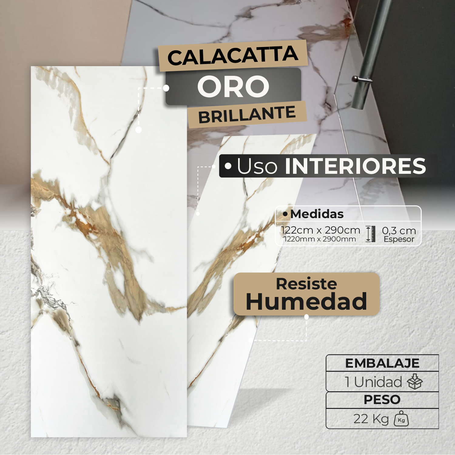 Lámina Tipo Mármol Brillante PVC | Calacatta Oro - Decorativo - Almacora