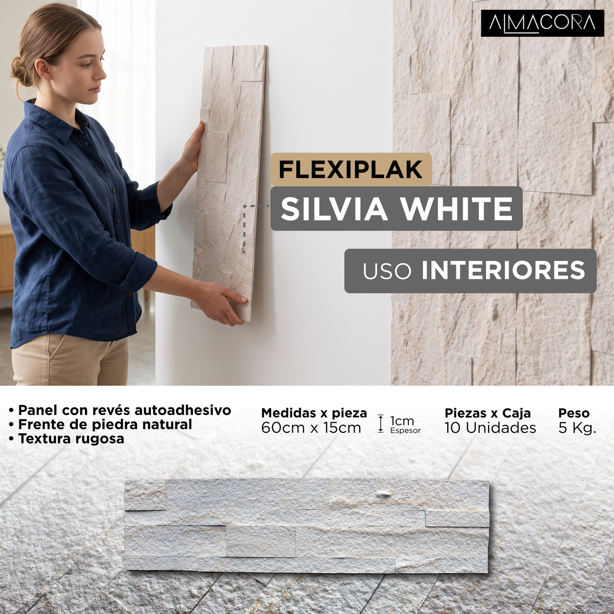 Panel 3D Flexyplak Silvia White Autoadhesivo | Decorativo Interior | Almacora
