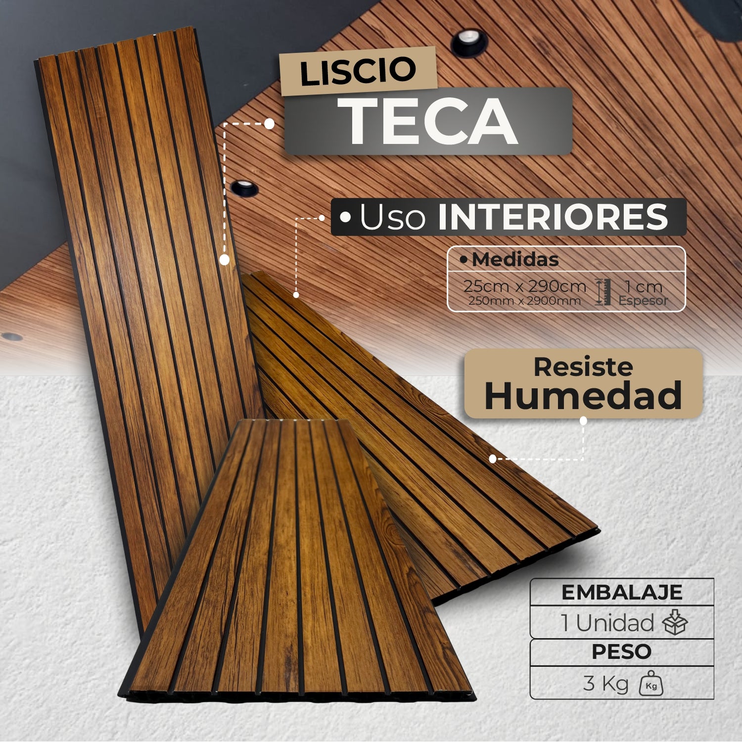 Panel WPC Liscio | Teca Decorativo Interior | ALMACORA