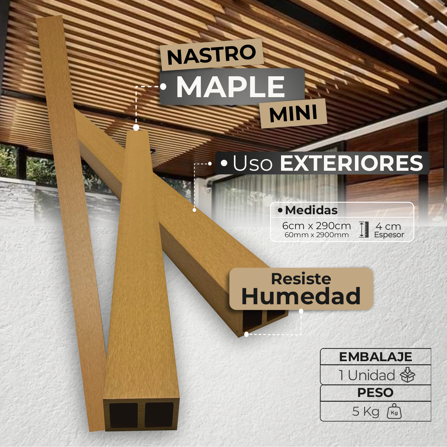 Listón Mini Nastro Exterior WPC | Listón Decorativo Maple | Almacora - Almacora