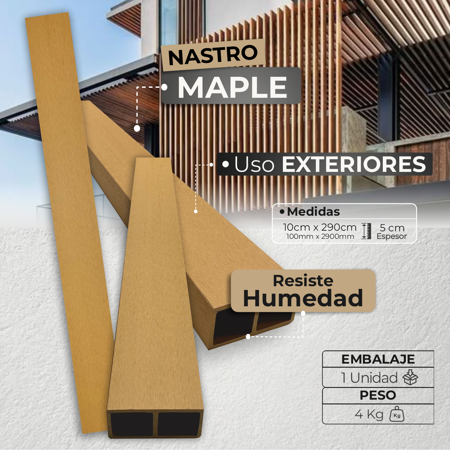 Listón Nastro Exterior WPC | Listón Decorativo Maple | Almacora - Almacora