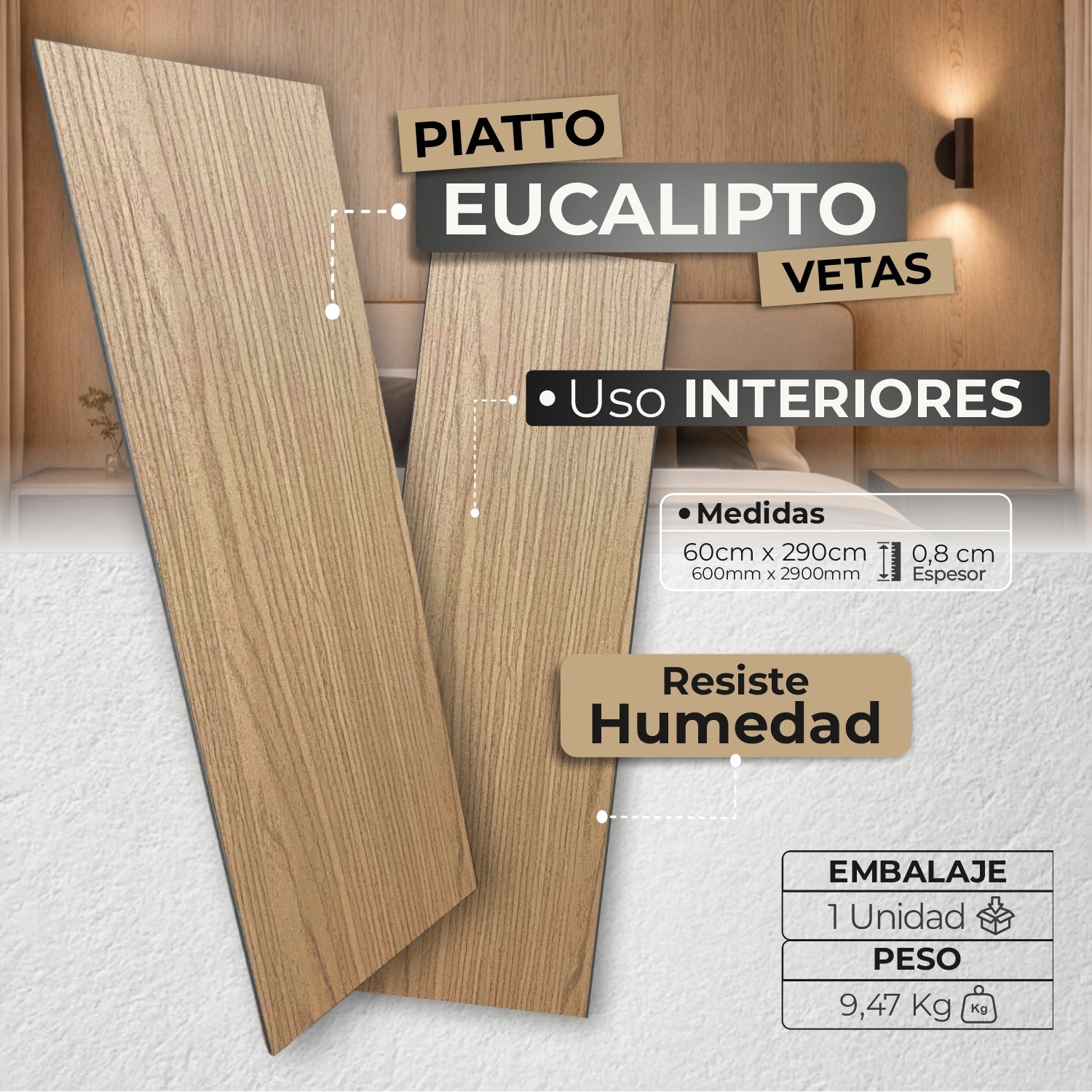 Lámina Piatto WPC Tipo Madera Eucalipto Vetas – Revestimiento Decorativo Moderno - Almacora