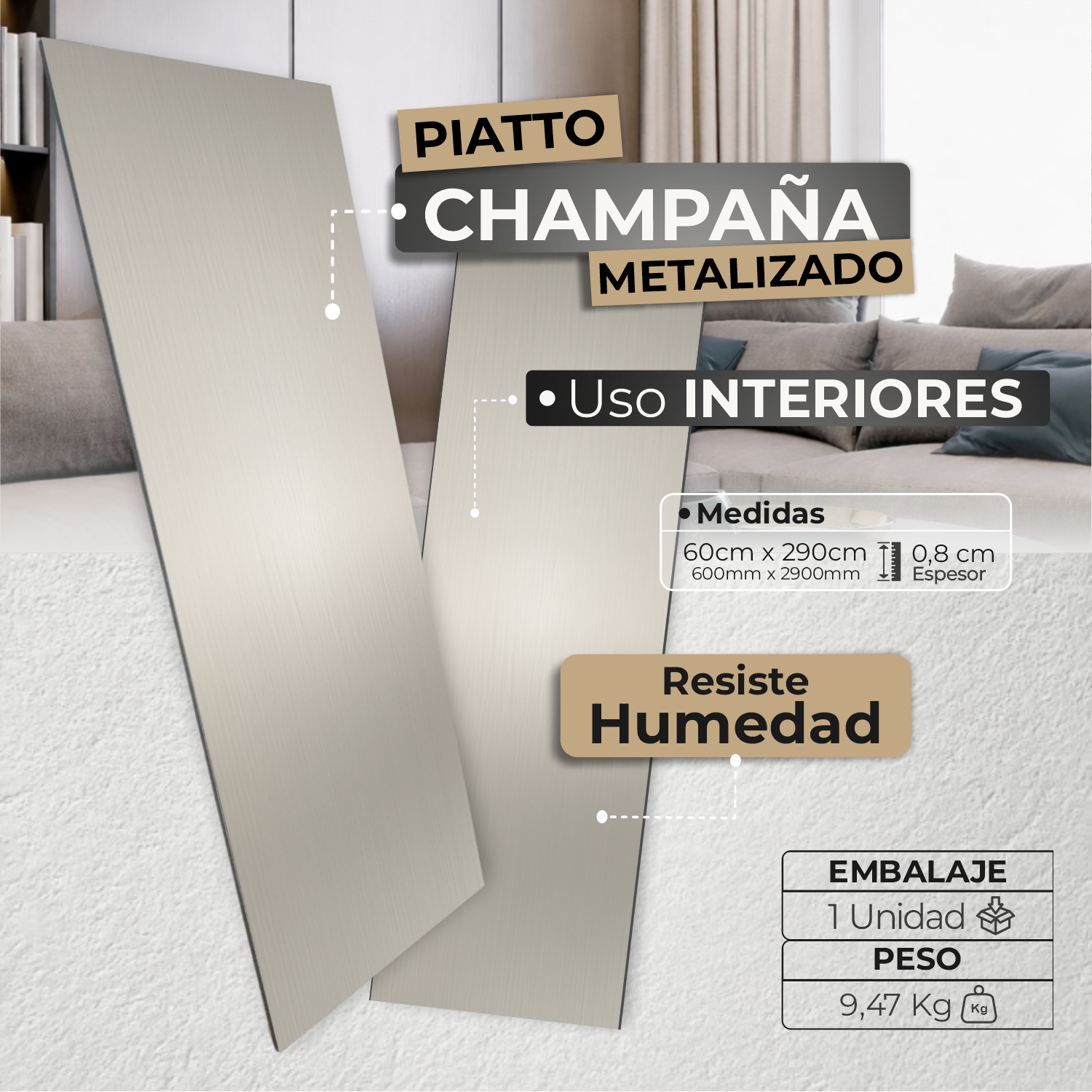 Lámina Piatto Metalizada Champaña – Revestimiento Decorativo Moderno - Almacora