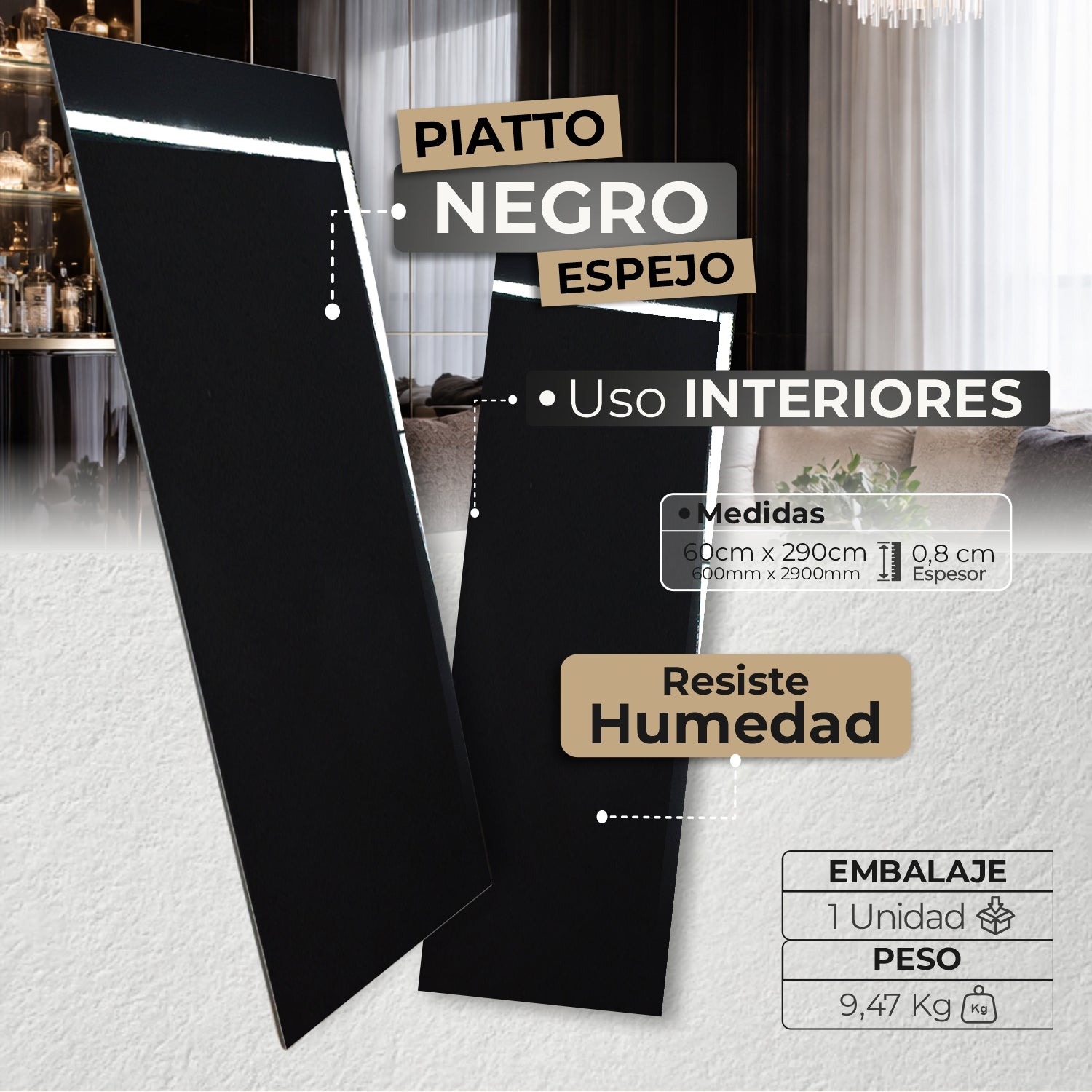 Lámina Piatto Tipo Espejo Negro – Revestimiento Decorativo Moderno - Almacora