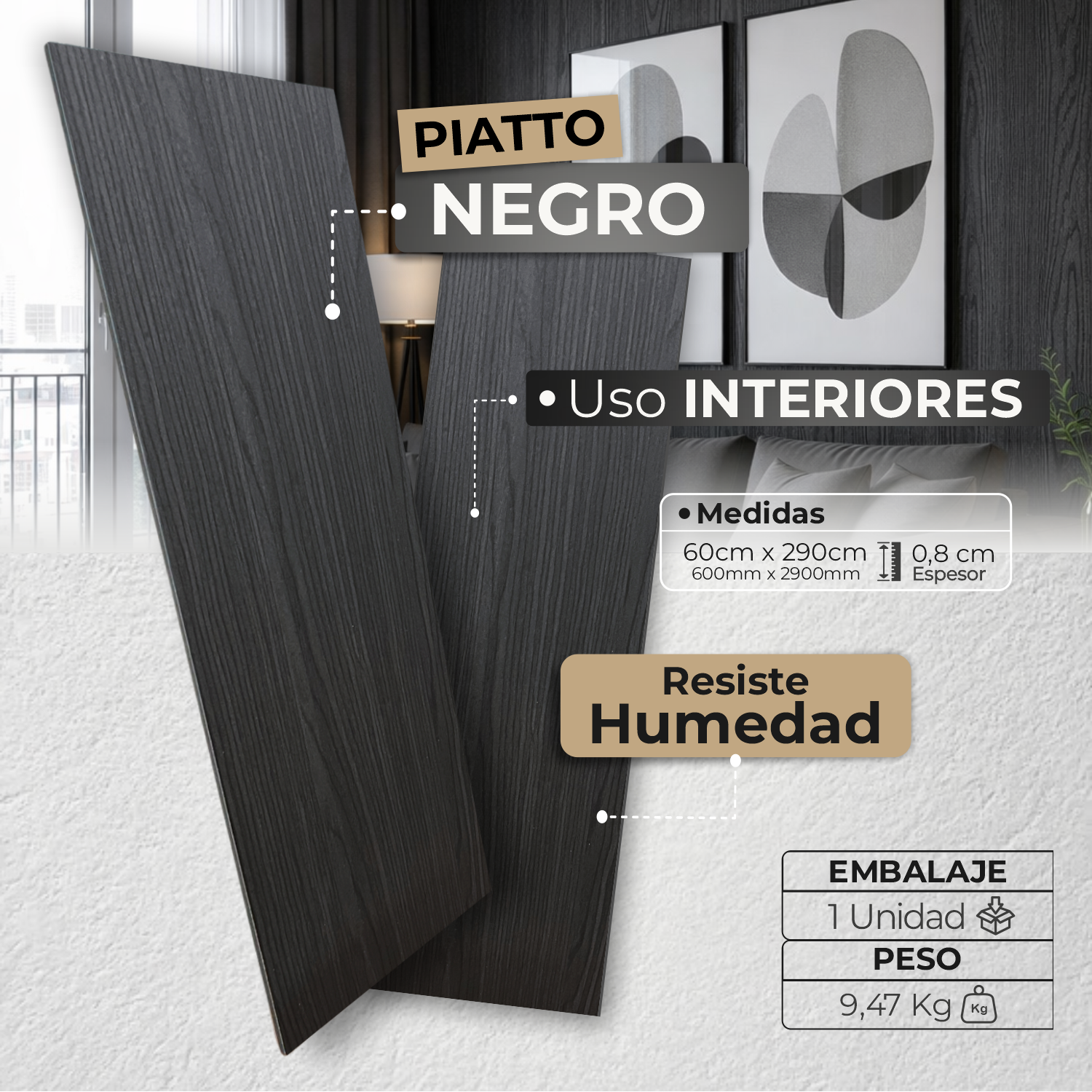 Lámina Piatto WPC Tipo Madera Negro – Revestimiento Decorativo Moderno - Almacora
